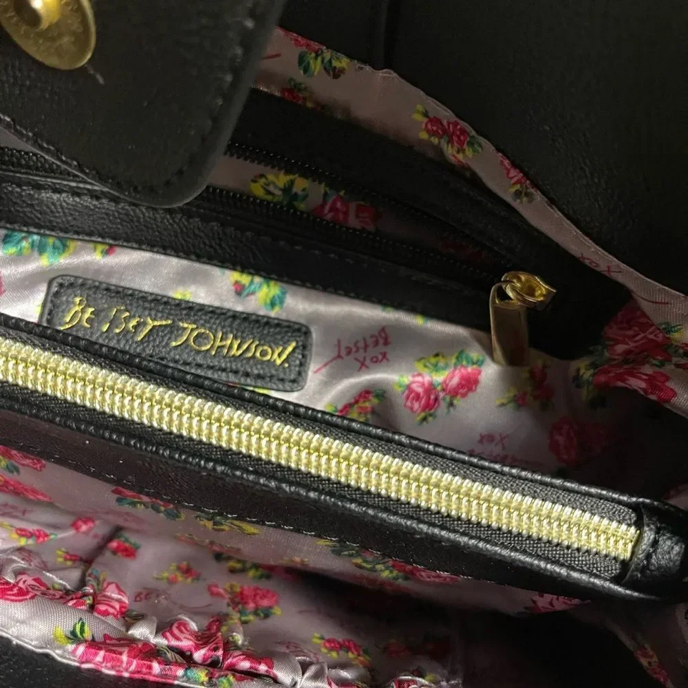 Betsey Johnson Heart Quilted Pink , Black & gray strims & strap Satchel